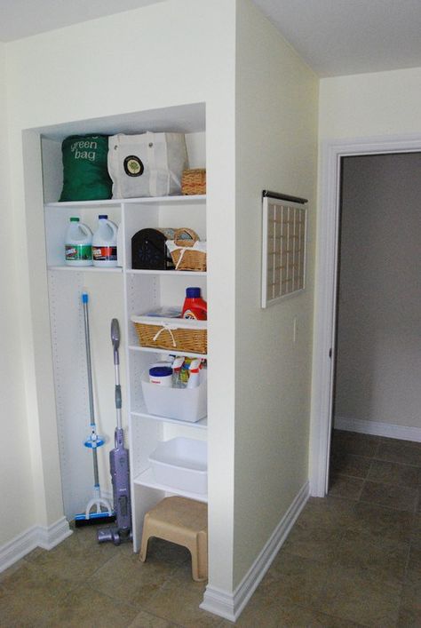 Cleaning Supplies' Storage Solutions                                                                                                                                                      More Utility Storage Closet, Closet Cleaning Supplies, Corner Closet Organizer, Traditional Laundry Room, Bathroom Closet Organization, Cleaning Supply Storage, Utility Closet, Laundry Room Closet, Laundry Room Doors