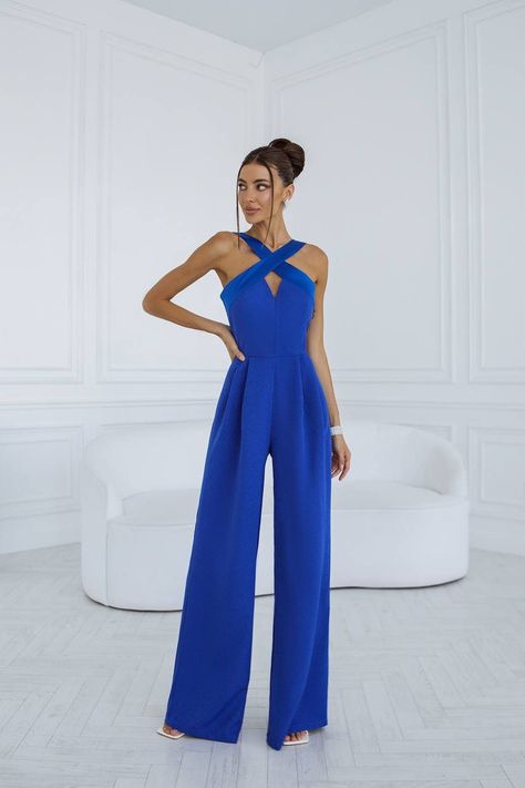 Royal Blue Formal Jumpsuit, Jumpsuit Outfit Wedding Hijab, Blue Jumpsuit Outfit Wedding, Formal Jumpsuit Prom, Jumpsuit Formal Wedding, Blue Jumpsuits Outfit, Jumpsuit Bridesmaid, Wedding Guest Jumpsuit, Jumpsuit Outfit Wedding