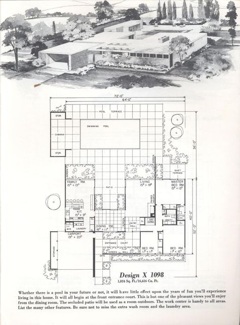 Mid Century Modern Floor Plans, Mid Century House Plans, Mid Century Modern House Plans, Modern Courtyard, Architecture Blueprints, Modern Floor Plans, Vintage House Plans, Cabin House Plans, Simple House Plans