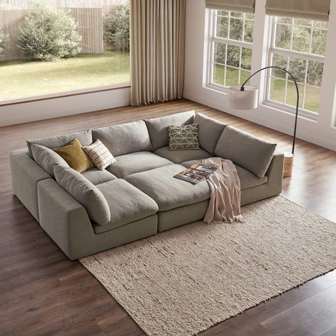 gray conversation pit-style sectional sofa from castlery Big Couch Living Room Ideas, Cloud Sectional Living Room, Dream Apartments, Apartment Sectional, Pit Sofa, Pit Sectional, Cabin Retreat, Cozy Minimalist, Modular Couch