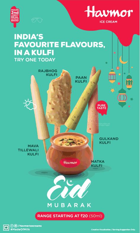 havmor-ice-cream-indias-favourite-flavours-in-a-kulfi-ad-delhi-times-15-06-2018 Kulfi Creative Ads, Ice Cream Ads Creative, Ice Cream Creative Ads, Havmor Ice Cream, Ice Cream Ads, Amul Ice Cream, Kulfi Ice Cream, Food Photography Cake, Unique Ice Cream