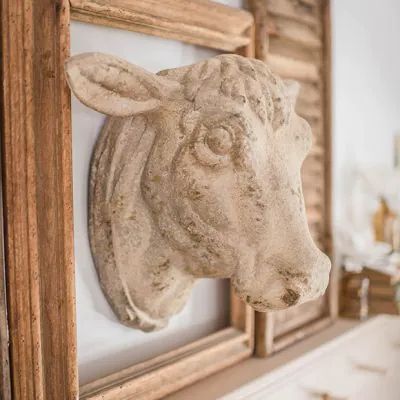 Themed Living Room, Farmhouse Shop, Cottage Table, Holiday Throw Pillow, Green Glass Bottles, Leather Side Chair, Cow Head, Shutter Doors, Wood Wall Mirror