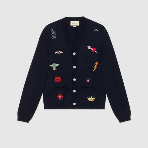 Shop the Embroidered wool knit cardigan by Gucci. Embroidered House symbols are displayed across this wool knit cardigan with codes that extend across recent collections. The preppy influence, a style that can be traced back to the Ivy League schools in the Northeast United States, continues to characterize the Gucci narrative. For Pre-Fall 2018, the concept transcends the original lifestyle and is now identified by House codes and androgynous silhouettes. Jungkook Clothes, Embroidered House, The Ivy League, Mens Designer Sweaters, Ootd Korean, Cardigans For Men, Ivy League Schools, Gucci Sweater, Wristwatch Fashion