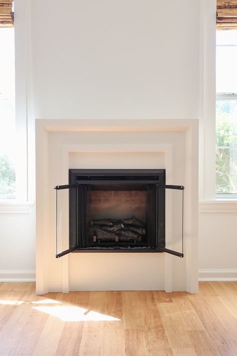 Electric Fireplace No Mantle, Square Electric Fireplace Insert, Diy Small Fireplace, Cozy Bedroom Fireplace, Fireplace With Electric Insert, Building Fireplace, Diy Fireplace Surround, Adding A Fireplace, Craftsman Style Fireplace