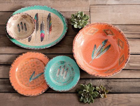 Feather Design Melamine Dinnerware Southwestern Dinnerware, Southwest Decorating, Western Dinnerware, Colorful Dinnerware, Rustic Dinnerware, Western Kitchen, Melamine Dinnerware Sets, Outdoor Dinnerware, Western Gifts