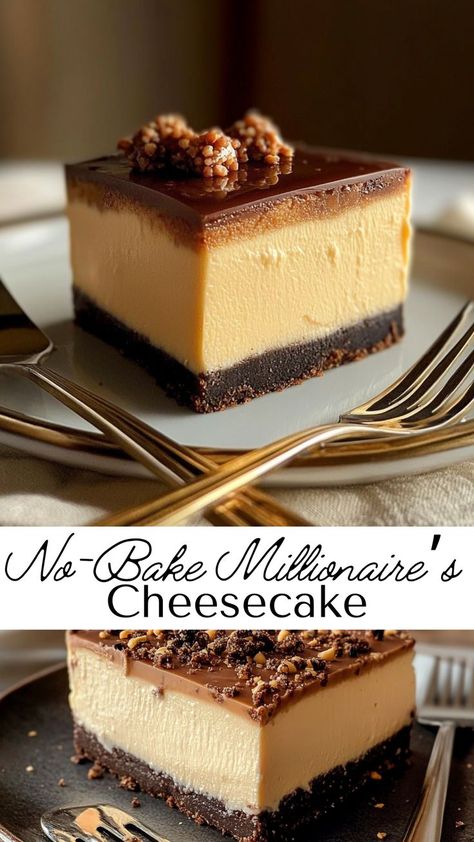 This Decadent No-Bake Millionaire’s Cheesecake combines creamy, caramelized perfection with an easy no-bake method, making it a must-have for winter dinner recipes. Serve it as a centerpiece dessert at Friendsgiving or for a special winter treat that’s sure to impress. Millionaire Shortbread Cheesecake, Million Dollar Cheesecake, Philadelphia No Bake Cheesecake Recipes, Milnot Cheesecake Recipe, Cheesecake Filling No Bake, Cheesecake No Bake Recipes, Millionaire Cheesecake, Winter Cheesecake, Millionaire Cake