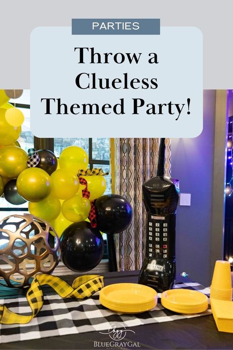 These Clueless party decorations are everything! All the 90s yellow and black plaid from Cher's iconic outfit, a blowup phone, and a movie party that teenagers and kids will love! Clueless Party Theme Decorations, 90s Party Table Decor, Cher And Dionne Outfits, Clueless Birthday Party Theme, Clueless Party Theme, Clueless Themed Birthday Party, Dionne Outfits, Clueless Theme, Movie Night Outside