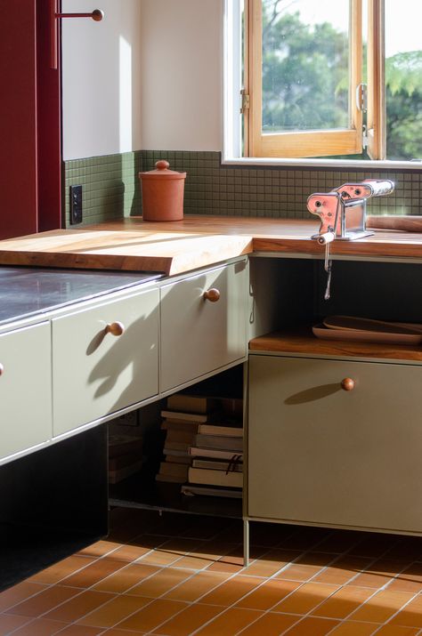 90s Kitchen, Magnetic Spice Jars, Melamine Cabinets, 1950s House, Steel Cabinet, Spice Storage, Steel Beams, Butcher Block Countertops, Chic Kitchen