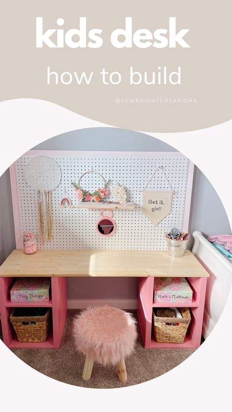 How to make a kids desk. Weekend DIY project. DIY KIDS DESK. Girls bedroom. Girl bedroom decor. DIY art table for kids. Kids bedroom desk. How to build lego desk. Craff desk. Kids pink desk. Pink furniture. Toddler Drawing Desk, Girls Craft Table, Toddler Desk Area In Bedroom, Diy Playroom Desk, Diy Kid Vanity, Diy Kids Desk With Storage, Kids Vanity Diy Girls Bedroom, Diy Kids Vanity, Art Table For Kids