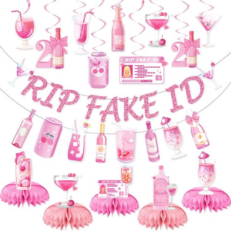 PRICES MAY VARY. 【PACKAGE INCLUDES】You will get 1pc RIP Fake ID banner, 9pcs hanging swirls and 5pcs honeycomb centerpieces. A festive combination of pink birthday party decorations adds warmth and elegance to birthday 【PINK THEME DESIGN】The decoration set includes pink champagne bottle-themed elements; The set is specially designed with a variety of bottle-themed elements that will definitely add an extra festive atmosphere to your party 【REUSABLE MATERIAL】Our pink 21st-party decorations are ma 21 Bday Decor, 21st Pink Birthday Ideas, 21st Birthday Background, 21 Birthday Ideas Decoration, 21 Theme Party Ideas, 21 Birthday Party Themes, 21st Theme Party Ideas, 21st Birthday Themes For Her, 21st Bday Themes