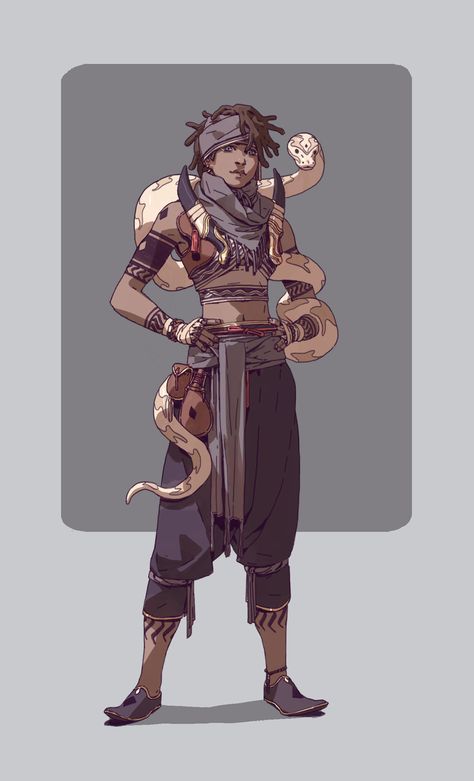 Character designs for personal project. Drawing Female, Artist Outfit, Dungeons And Dragons Characters, Character Reference, Concept Art Drawing, Comics Art, Afro Art, A Snake, Arte Fantasy