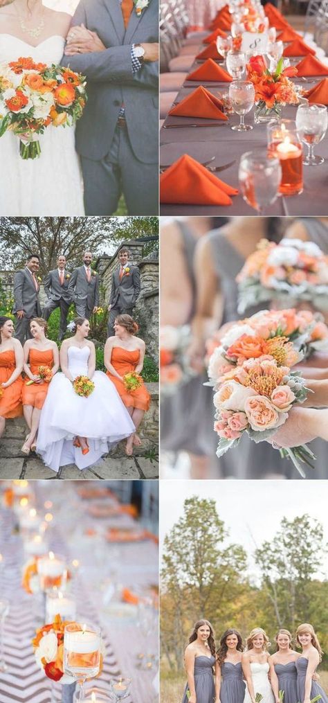 warm and bright grey and orange wedding ideas Grey And Orange Wedding, Orange Grey Wedding, White And Gold Wedding Themes, Sunset Wedding Theme, Orange Wedding Ideas, October Wedding Colors, Grey Wedding Decor, Grey Wedding Theme, Orange Wedding Themes