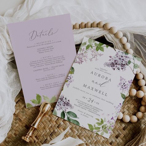 Lilac And Sage Wedding Invitations, Wedding Invitation Romantic, Lilac And Green Wedding Theme, Lilac Boho Wedding, Sage And Lilac Wedding, Sage Green And Lilac Wedding, Dusty Lilac Wedding, Lavender Invitations, Lilac Wedding Decorations