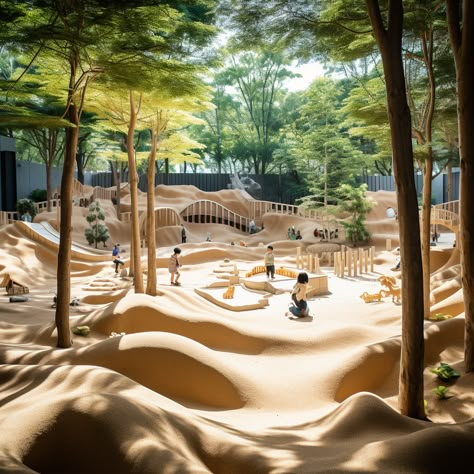 Playground Park Design, Urban Playground Design, Urban Oasis Architecture, Indoor Playground Design Architecture, Sustainable Playground, Desert Playground, Sand Playground, Aesthetic Playground, Jungle Playground