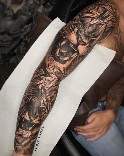 Tattoo Gap Filler Ideas Sleeve For Men, Jungle Sleeve Tattoo For Men, Jungle Forearm Tattoo, Tiger Jungle Tattoo, Diamond Sleeve Tattoo, Jungle Sleeve Tattoo, Jungle Theme Tattoo Sleeve, Jungle Tattoo Design, Jungle Tattoo Sleeve