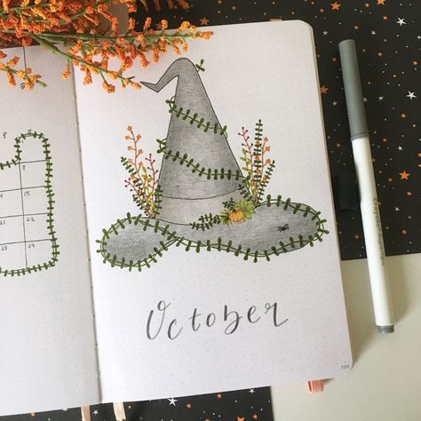 october fall halloween witch hat bullet journal theme #bujo #bujoideas #bulletjournal #bulletjournaling #bulletjournalideas Witch Bujo Theme, Halloween Themed Bullet Journal, 2022 Cover Page, Bujo Simple, Halloween Bujo, October Bujo, October Journal, Bullet Journal Halloween, Almost Halloween