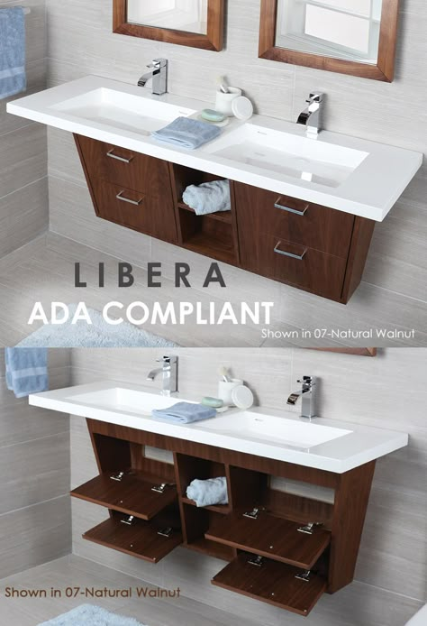 Go check out our beautiful ADA compliant vanity called, LIBERA! It's a wall-mounted vanity with polished chrome pulls on four flip-open doors with LED lights in open cubbies. Your two sink options come in either natural stone or matte/gloss solid surface top (shown in image)!  #beautiful#lacava#design#designer#sink#simple#bathroom#bath#chicago#2019#bathroomremodel#decor#designer#sleek#interiordesign#chrome#pulldown#art#pretty#luxury#luxurylifestyle#handmade#furniture#furnituredesign#neat Ada Sink Design, Ada Bathroom Vanity Sinks, Under Mount Bathroom Sink Ideas, Wheelchair Accessible Vanity, Ada Sink Vanity, Ada Compliant Bathroom Vanity, Ada Vanity Design, Accessible Bathroom Layout, Ada Shower Design Walk In