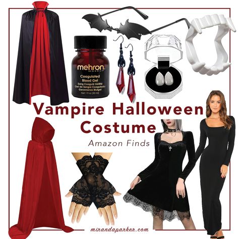 Easy vampire costume inspo! Already have a black dress? Add a cape, some fangs, and a few batty accessories and there you go! Vampire Costume Easy Diy, Vamp Halloween Costume, Vampire Costume Diy Female Outfit, Vampire Easy Costume, Vampire Halloween Costume Diy, Vampire Ideas Costumes, Vampire Costume Simple, Dracula Costume Women, Vampire Costume Women Diy