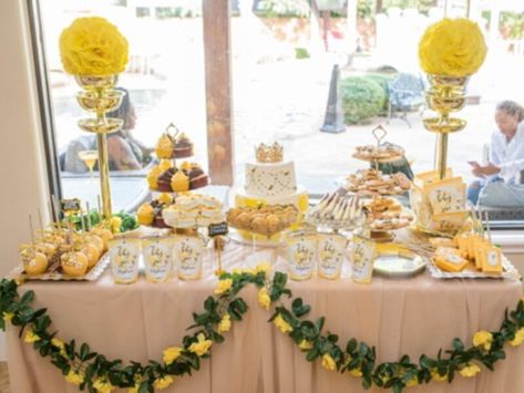 Table Set Up For Birthday Party, Yellow Quinceanera Theme Decorations, Yellow Themed Birthday Party, Yellow Dessert Table, Yellow Flower Garland, Table With Tablecloth, Yellow Quince, Gold Dessert Table, Yellow Desserts