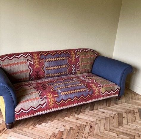 Patterned Couch, Dark Lounge, Kilim Fabric, Gold Velvet, Chaise Sofa, Reupholster, Antique Furniture, Sofa Furniture, Upholstery