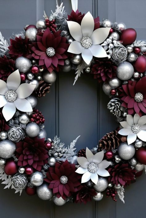 Red And Silver Wreath, Burgundy And Silver Christmas Decor, Red Silver Christmas Decor, Burgundy Christmas Decor, Silver Christmas Wreath, Classy Christmas Decor, Burgundy Christmas, Silver Wreath, Tree Inspiration