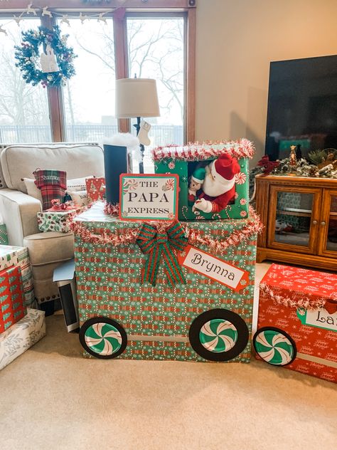 Christmas Present Set Up Under Tree, Christmas Wrapping Ideas For Grandkids, Diy Christmas Gifts Train, Snowman Christmas Gift Tower, How To Wrap Kids Christmas Presents, Christmas Gift Towers For Kids, Christmas Present Wrapping For Kids, Christmas Gift Wrapping Train, Wrapping Kids Christmas Presents