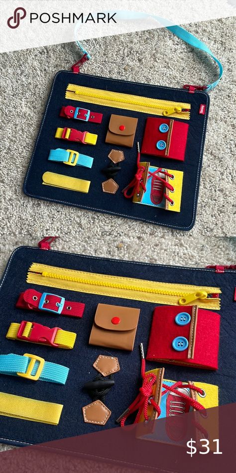 MONTESSORI Busy Board with Clips, Snaps, Zippers, Buttons Zipper Button Snap Board Diy, Felt Learning Board, Zipper Board, Baby Activity Board, Baby Busy Book, Montessori Busy Board, Toddler Board, Busy Board Baby, Learning Development