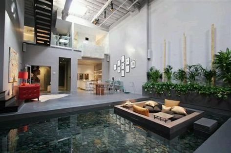 relaxation - the decor is not my style, but it's amazing...and I'd love to visit. Indoor Pond, Indoor Water Features, Indoor Pools, Sunken Living Room, Pond Design, Fish Pond, Water Design, Loft Spaces, Koi Pond