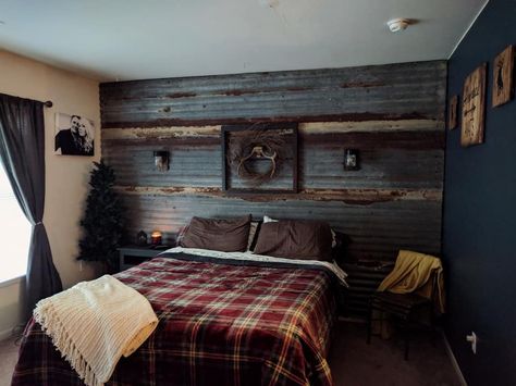 Tin roofing accent wall Tin Walls Rustic Bedroom, Barnwood Accent Wall Bedroom, Rustic Accent Wall, Black Accent Wall Bedroom Western, Barnwood And Metal Walls, Barnwood Bedroom Wall, Rusty Tin, Cabin Bedroom, Tin Roof