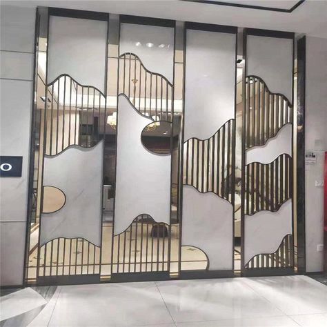 Hall Decorative Metal Screen Stainless Steel Wall Panel Folding Screen, #metalscreen #lobbydesign #modernarchitecture #metalwork #villadecoration #interiorstyling Hanging Screen, Modern Partition Walls, Decorative Metal Screen, Metal Room Divider, Metal Manufacturing, Metal Facade, Steel Curtain, Door Glass Design, Stainless Steel Wall