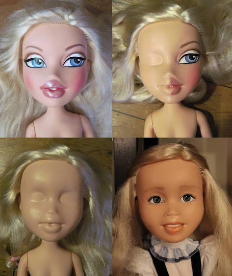 Bratz Repaint, Tree Change Dolls, Barbie Hacks, Barbie Repaint, Diy Dolls Making, Dolls Repaint, Doll Trunk, Doll Face Paint, Barbie Food