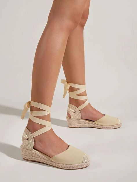 Women Tie Leg Design Strappy Shoes, Vacation Beige Canvas Court Wedges | SHEIN ASIA Heeled Espadrilles, Women Wedges, Women Tie, Strappy Shoes, Dark Autumn, Jeans Mom, Elegant Shoes, Shoe Inspo, Inspo Outfit