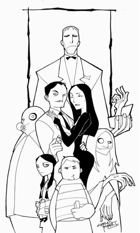 Addams Family Sketch, Thing Addams Family Drawing, Adams Family Painting, Adams Family Drawing, Wednesday Coloring Pages, Addams Family Poster, Addams Family Tattoo, Addams Family Cartoon, Family Description