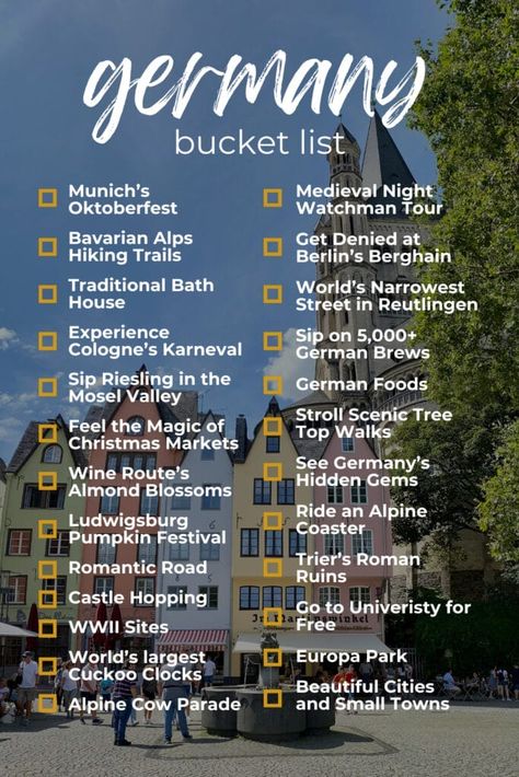 Germany bucket list Germany Things To Do, Things To Do In Germany Bucket Lists, Places To See In Germany, Germany Travel Aesthetic, Things To Do In Germany, Germany Bucket List, Abroad Packing List, Places To Visit In Germany, Germany Aesthetic