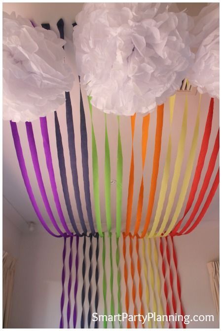 Rainbow backdrop and clouds, stunning for a rainbow or garden birthday party.  Easy to assemble and the kids will love the decor #Rainbow #Party #Decor #birthday Crepe Paper Rainbow Backdrop, Crepe Paper Rainbow, Kindergarden Graduation Decor, Weather Party Theme, Rainbow Ideas Decorations, Rainbow Backdrop Diy, Living Room Birthday Party Decor, Weather Party, Rainbow Birthday Party Decorations