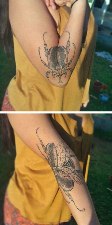 Moth Opening Knee Tattoo, Tattoos That Move With Elbow, Tattoos That Move With You, Elbow Insect Tattoo, Moving Moth Tattoo, Moving Leg Tattoo, Elbow Bug Tattoo, Elbow Beetle Tattoo, Beetle Arm Tattoo