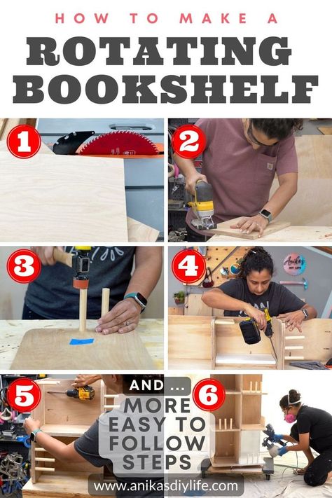 collage of woman building rotating bookcase Sliding Bathroom Door, Diy Bookcase, Rotating Bookshelf, Bookcase Plans, Bookcase Diy, Build Plans, Easy Build, Bookshelves Diy, Beginner Woodworking Projects