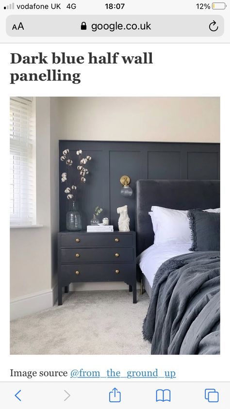 Blue Bedroom Panelling, Navy Panelling Bedroom, Blue Feature Wall Bedroom, Night Bedroom, Dark Blue Bedrooms, Panel Ideas, Feature Wall Bedroom, Warm Bedroom, Paint Kitchen