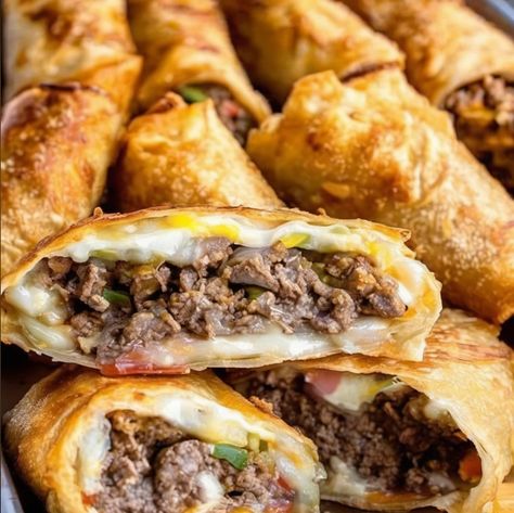 Gourmet Philly Cheesesteak Egg Rolls Philly Cheesesteak Egg Rolls, Cheeseburger Meatloaf Recipes, Lemon Baked Cod, Curry Base, Hamburger Potato Casserole, Cheeseburger Meatloaf, Au Gratin Potato Recipes, Au Gratin Recipes, Pork Chops And Potatoes