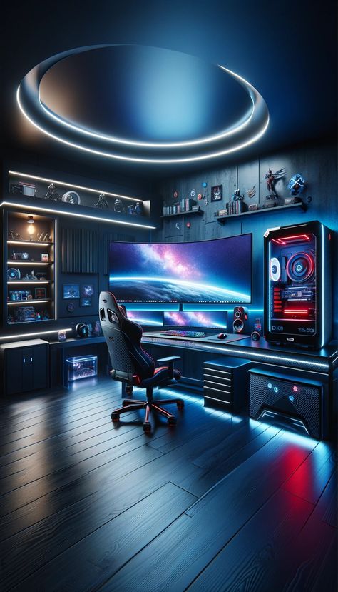 #ModernGamingLair

#UltraWideSetup

#RGBLife

#GamerMemorabilia

#FuturisticGaming Luxury Gaming Room Setup, Black Gaming Room, Desk Setup Ideas, Streaming Room, Tech Room, Gaming Lounge, Computer Gaming Room, Video Game Room Design, Eco Friendly Garden