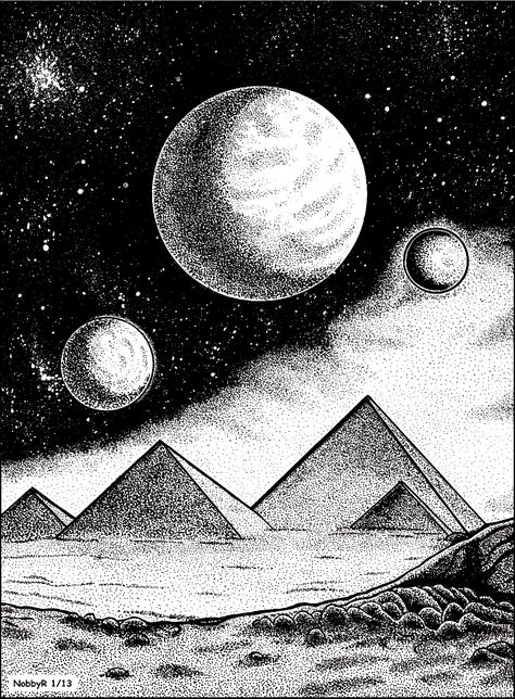 Cosmic pyramids - pointillism & stippling artwork, done with pen and ink Stippling Drawing, Chicano Tattoos Sleeve, Geometric Sleeve Tattoo, Science Fiction Artwork, Egypt Tattoo, Pyramids Egypt, Stippling Art, Apocalypse Art, Black Paper Drawing