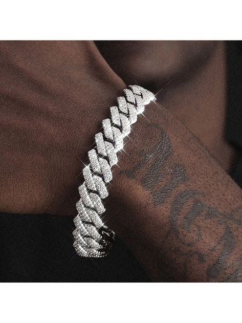 Silver  Collar  Glass Rhinestone   Embellished   Men's Fashion Jewelry Hip Hop Jewelry Men, Hip Hop Street Style, Mens Chain Bracelet, Trending Bracelets, Cuban Link Chain Necklaces, Style Hip Hop, Buckle Bracelet, Chain Bracelets, Trendy Necklaces