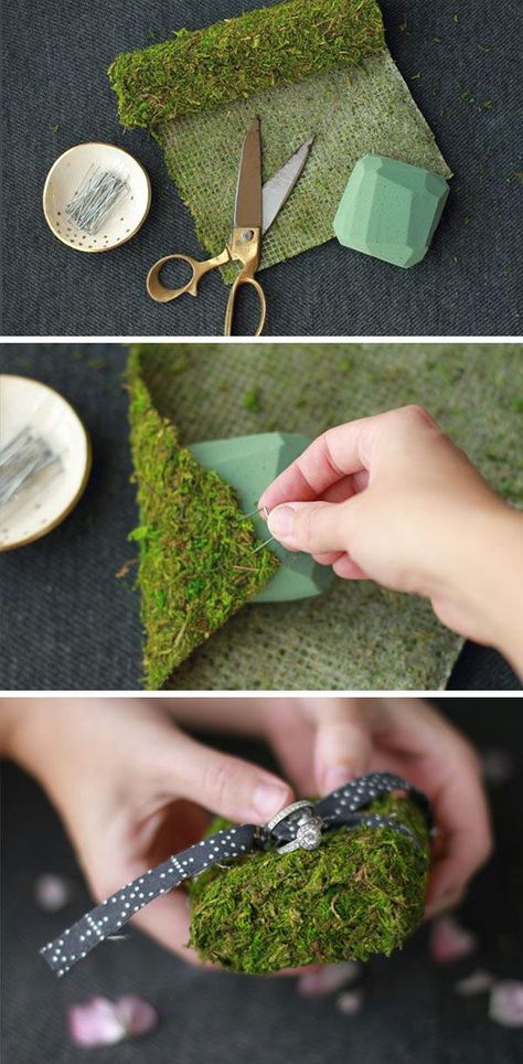 Create this pretty DIY moss ring pillow for your ring bearer to carry. It's a simple touch that will incorporate moss into the wedding ceremony. Ring Boxes Diy, Diy Wedding Ring, Moss Ring, Ring Bearer Flower Girl, Diy Ring, Ring Pillows, Ring Pillow Wedding, Ring Holder Wedding, Ring Bearer Pillows