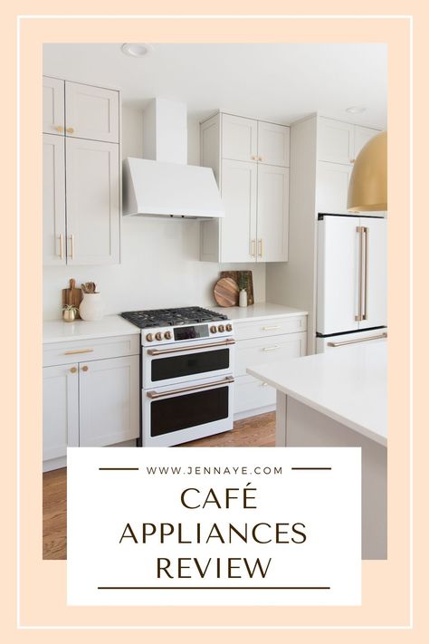 White Refrigerator Kitchen, Kitchen Appliance Layout, Greige Cabinets, Cafe Appliances, Ge Cafe Appliances, Ge Cafe, White Refrigerator, White Kitchen Appliances, White Fridges