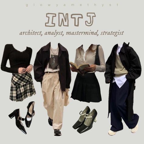 intj mbti type outfit inspo aesthetic Intj Women Outfit, Intj Personality Lookbook, Intj Personality Outfits, Intj Outfits Girl, Dark Academia Basic Wardrobe, Intj Outfit Women, Infj Aesthetics Outfit, Intj Women Fashion, Intj Aesthetic Outfit