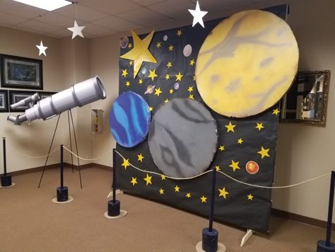 Space Photo Backdrop, Space Float Parade, Space Themed Hallway, Galaxy Vbs Decorations, Space Theme Book Fair, Astronomy Decorations, Stellar Vbs Decorations, Galaxy Activities, Stellar Vbs 2023 Decorations