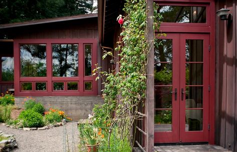 Brick Red That Pairs Well with Nature Painted Window Frames, Red Doors, Gravel Patio, Rustic Exterior, Contemporary Exterior, Cap Ferret, Red House, Farmhouse Exterior, Exterior Paint Colors