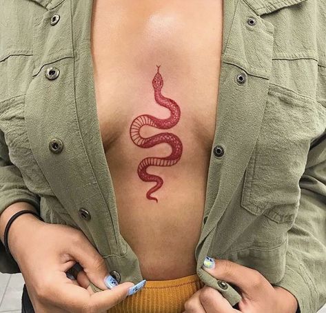 Snake Tattoo Chest Women, Red Snake Tattoos For Women, Snake Red Tattoo, Red Sternum Tattoo, Snake Chest Tattoo, Snake Sternum Tattoo, Red Snake Tattoo, A Snake Tattoo, Infected Tattoo