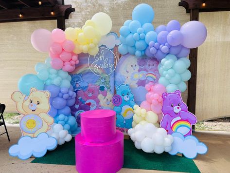 Care Bear Balloon Garland, Care Bears Balloon Decorations, Care Bear Gender Reveal Ideas, Care Bear Birthday Outfit, Care Bears Decorations, Care Bear Theme Baby Shower Ideas, Care Bear Theme Birthday Party, Care Bear Party Decorations, Care Bear Decorations