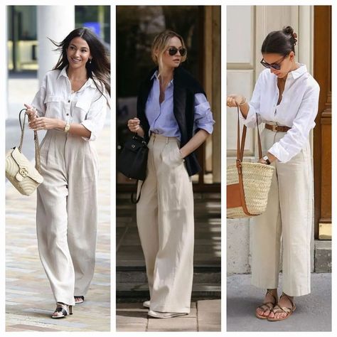 S.S.G no Instagram: “Beig pants 1, 2 or 3? #streetstyle #streetphotography #streetphotographyinternational #fashionweek #fashionstyle #glam #casualstyle…” Beige Wide Pants Outfit, Beige Palazzo Pants Outfit, Beige Pant Outfits, Beige Pants Outfit, Wide Pants Outfit, Palazzo Pants Outfit, White Palazzo Pants, White Wide Leg Pants, Outfit Primavera